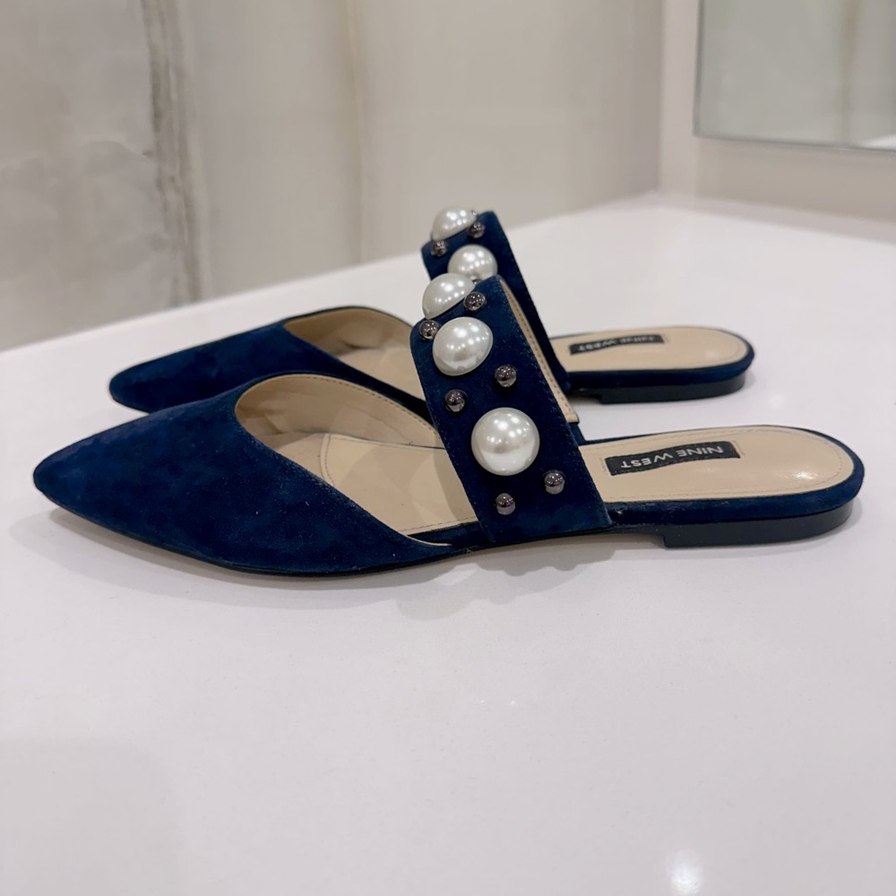 Nine West flats - (backless) - navy suede with pearl detail size 8.5